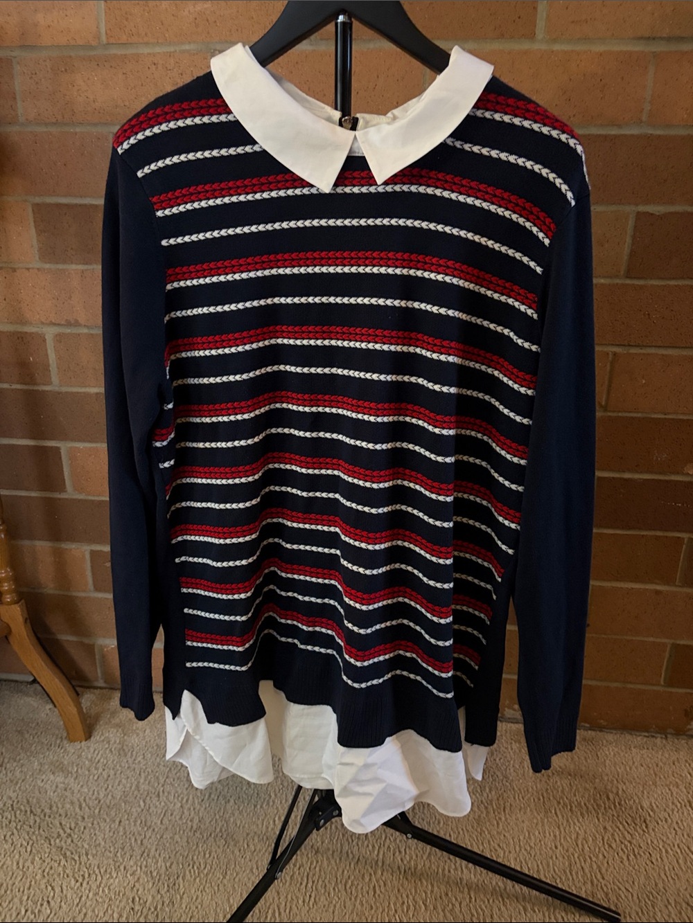 Tommy Hilfiger Navy Red White Striped Faux-Layer Blouse